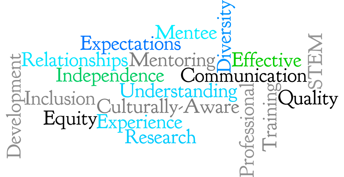 Word cloud. The words are about the same size and include: Mentee, expectations, diversity, effective, STEM, culturally-aware, quality, training, professional, experience, research, equity, inclusion, independence, understanding, relationships, communication, and development.