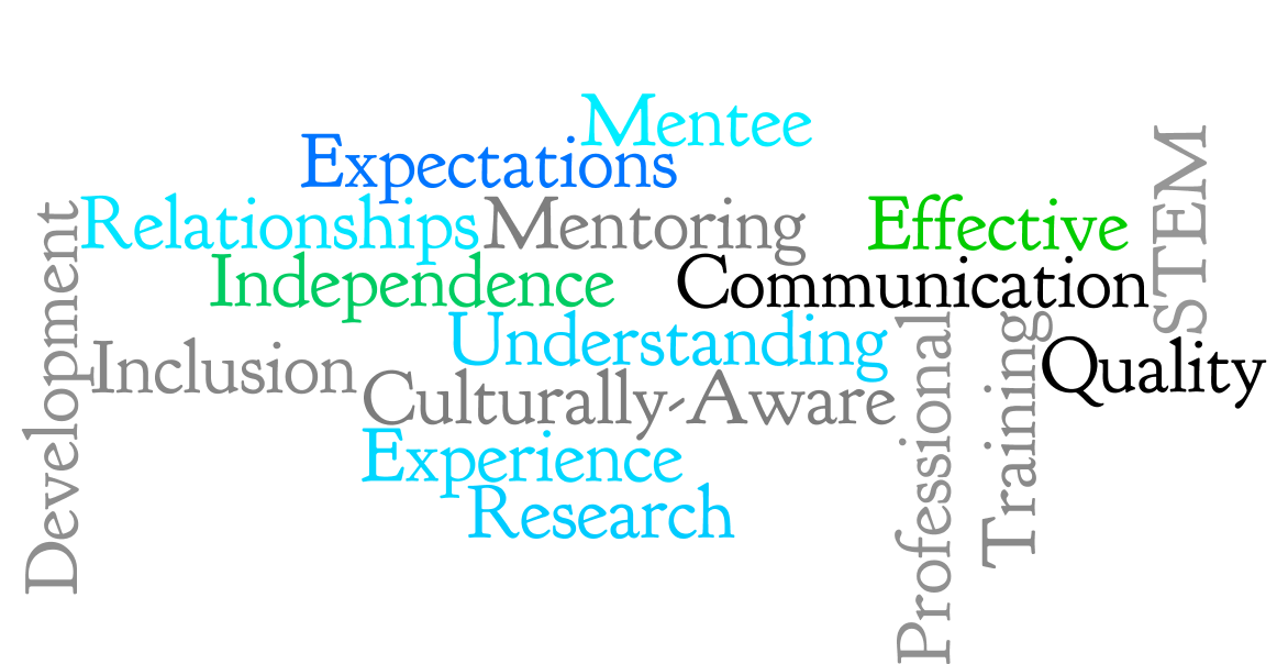 Word cloud. The words are about the same size and include: Mentee, expectations, effective, STEM, culturally-aware, quality, training, professional, experience, research, inclusion, independence, understanding, relationships, communication, and development.